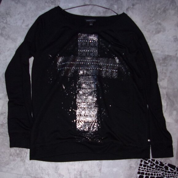 rock republic size large womens tee shirt black graphic long sleeve t - Picture 2 of 4